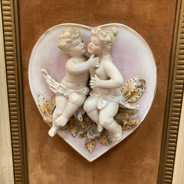 Porcelain Cherubs Plaque in Velvet Frame 22" x 8 1/2"