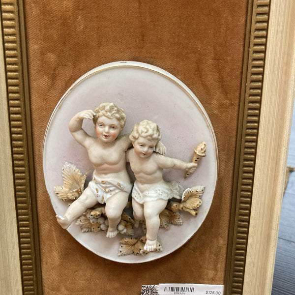 Porcelain Cherubs Plaque in Velvet Frame 22" x 8 1/2"