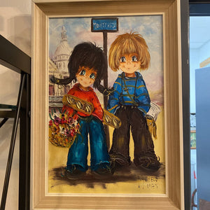 Painting on canvas of boy and girl or Montmartre France signed