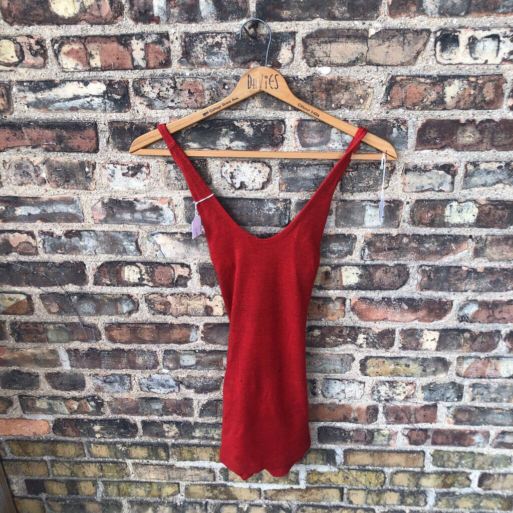 Vintage Red Wool Swim suit with Flying Fish Logo as found