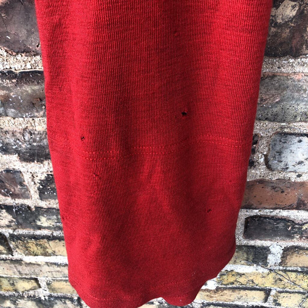 Vintage Red Wool Swim suit with Flying Fish Logo as found