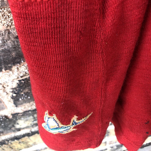 Vintage Red Wool Swim suit with Flying Fish Logo as found