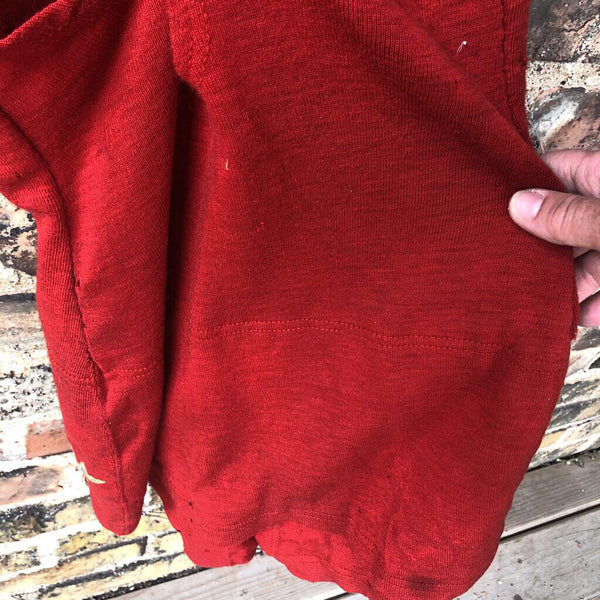 Vintage Red Wool Swim suit with Flying Fish Logo as found