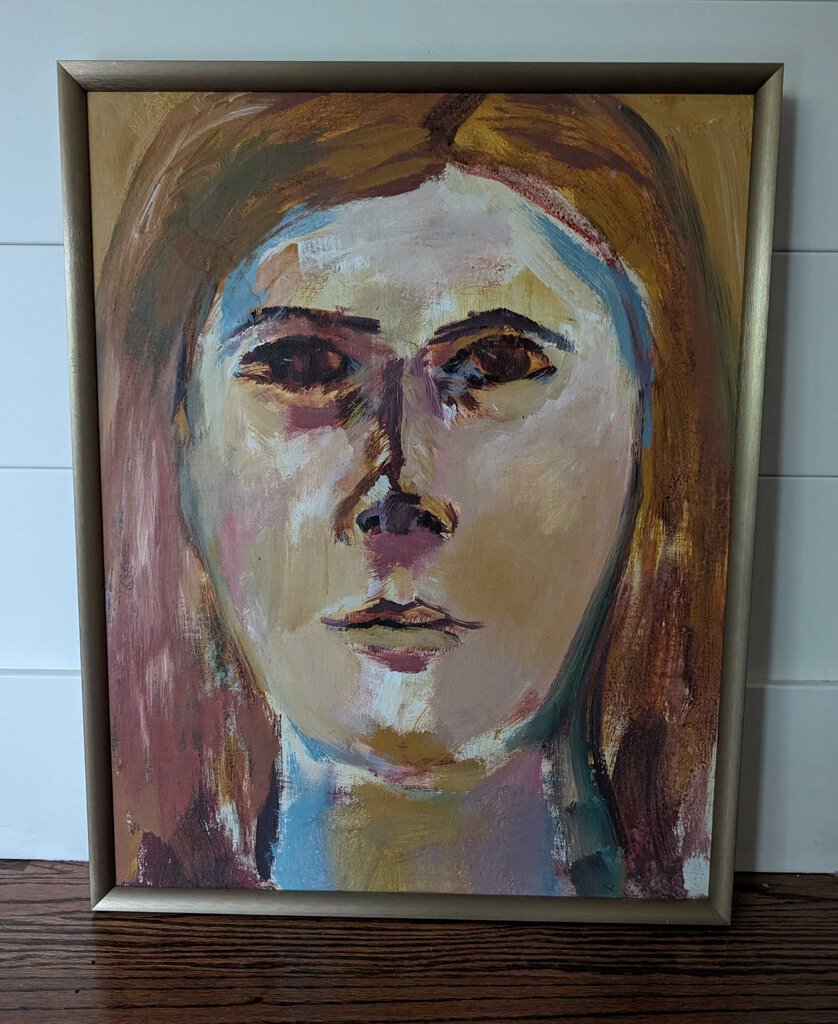 Vintage Portrait Oil on Board w/Modern Gold Frame 16x20