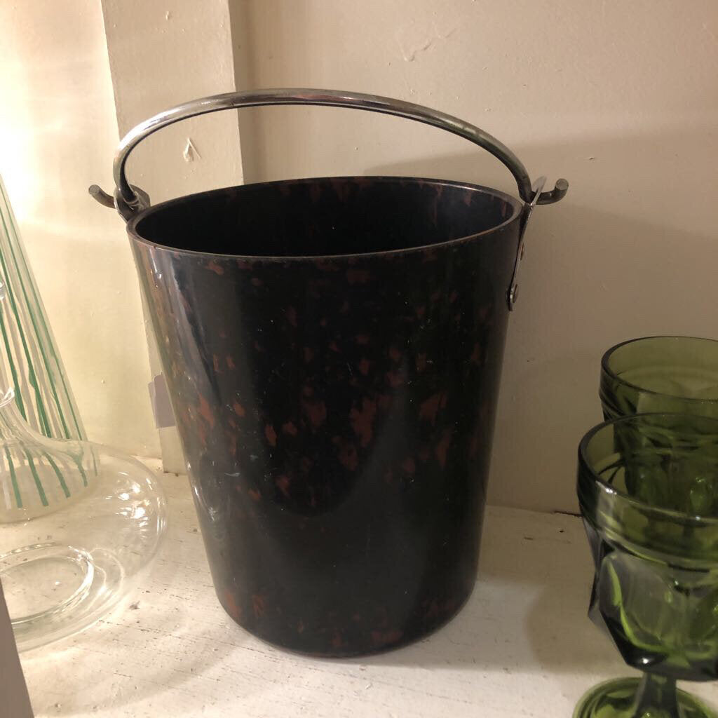 ART DECO BROWN MARBLED ICE BUCKET CROME HANDLE as found