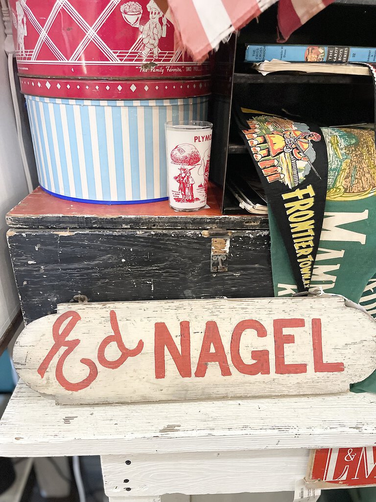 Jens Fresh Vintage ~ Vintage Ed Nagel wood sign double sided . 21 by 6 tall .