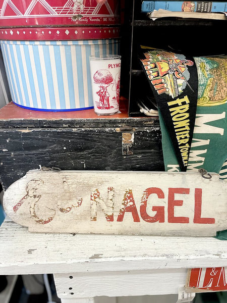 Jens Fresh Vintage ~ Vintage Ed Nagel wood sign double sided . 21 by 6 tall .