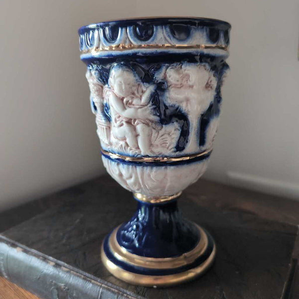 Vintage Blue Vase/Chalice w/Gold Accents. Made in Italy 8in