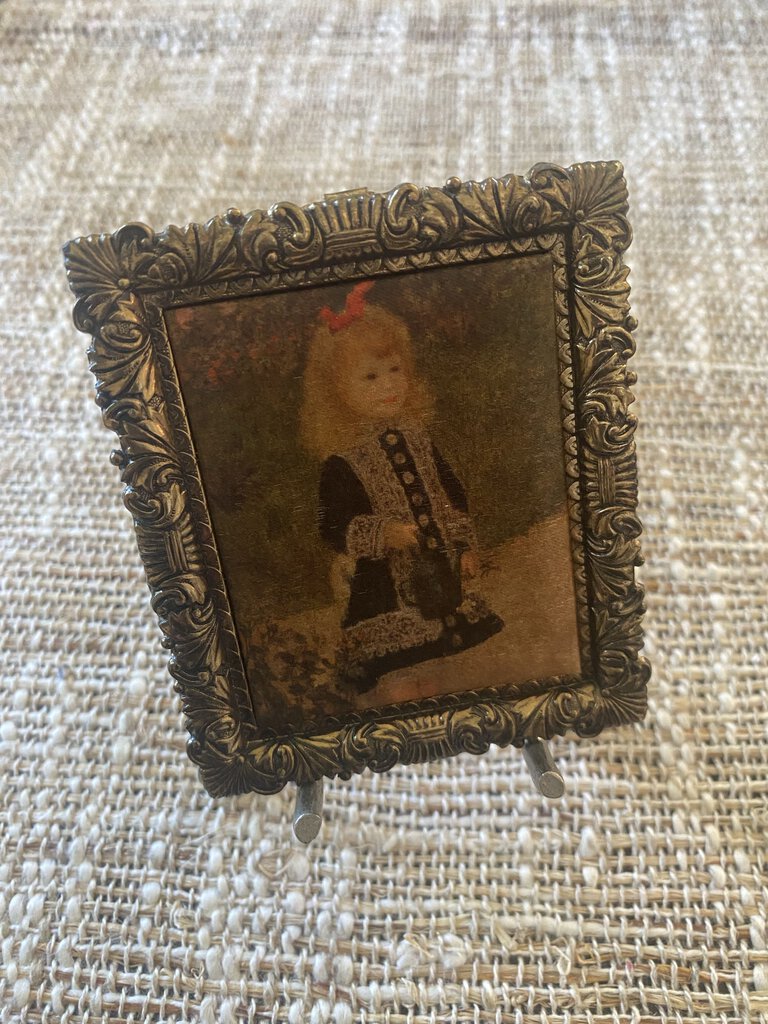 Vintage Framed Renoir Girl w/Watering Can on Silk w/ Stand