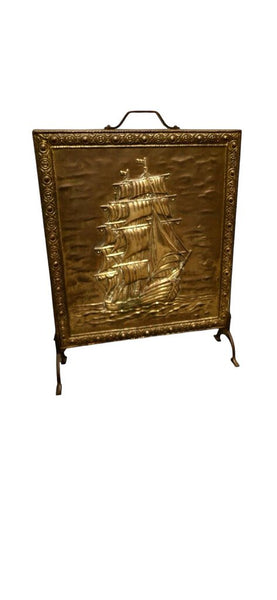 1920's Brass Tall Ships Fireplace Screen 19" x 25"