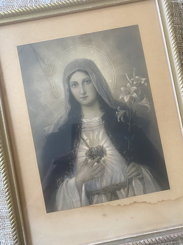 Antique Early 19th Century Mary Sacred Heart Portrait (as found)