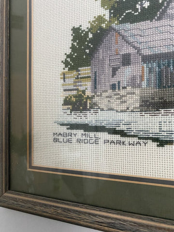 Signed Historic Mabry Mill Blue Ridge Parkway Needlepoint Artwork 14" x 17"