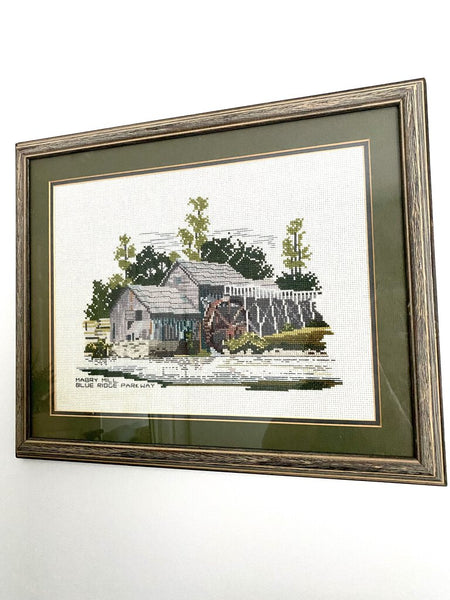 Signed Historic Mabry Mill Blue Ridge Parkway Needlepoint Artwork 14" x 17"