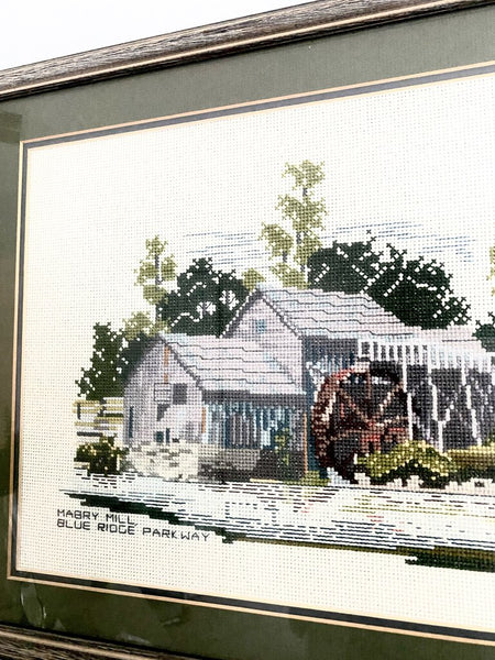 Signed Historic Mabry Mill Blue Ridge Parkway Needlepoint Artwork 14" x 17"