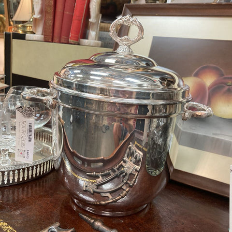 Vintage Ice Bucket Silver Plate over Brass w/Insulated Milk Glass Lining