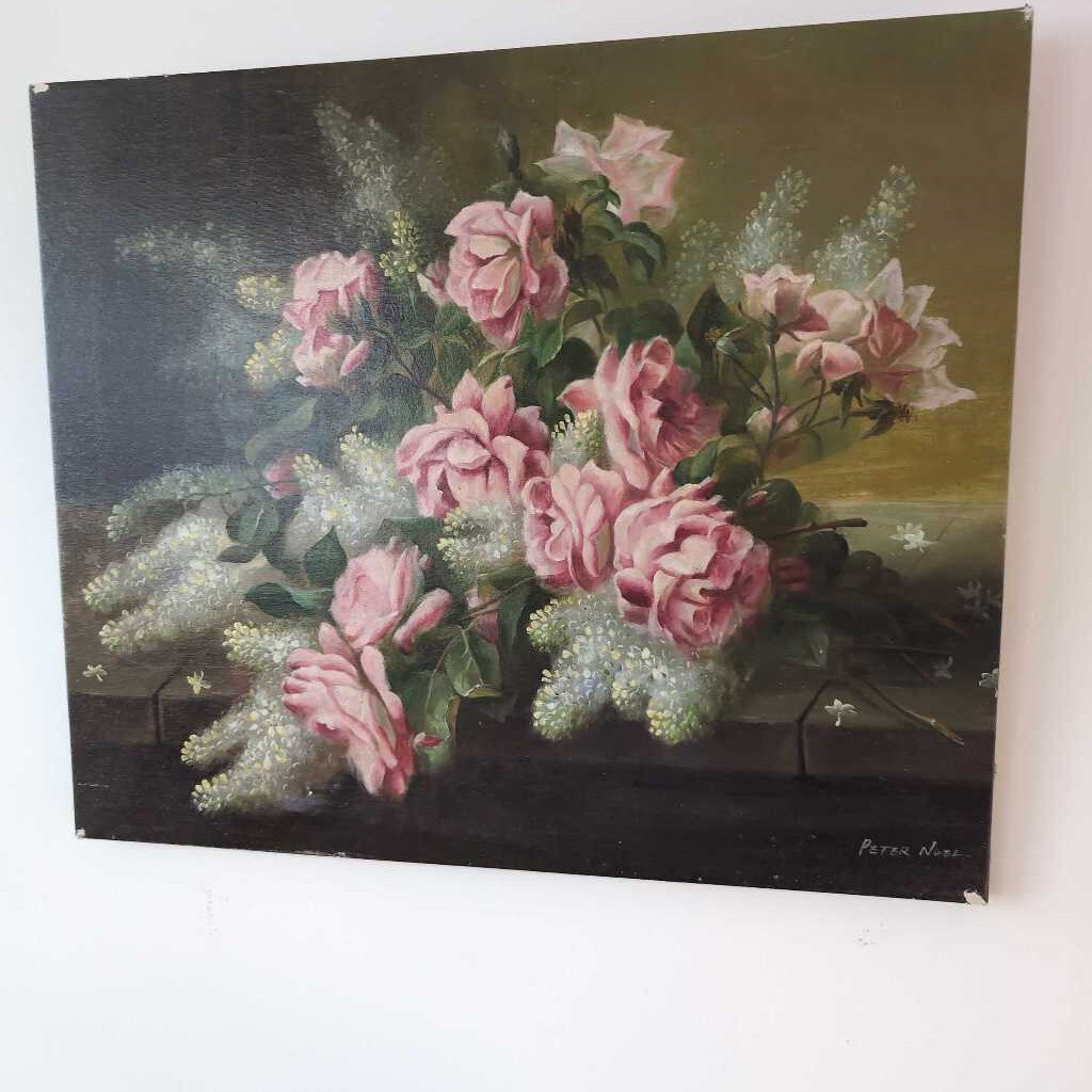 Vintage Signed Oil - 21x24. Dark Green w/ pink and cream Florals