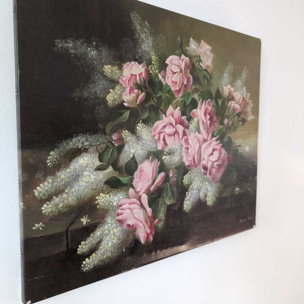 Vintage Signed Oil - 21x24. Dark Green w/ pink and cream Florals