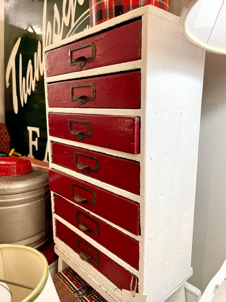 Jens Fresh Vintage ~ Vintage handmade red drawer cabinet .20 inches tall , 13 wide .