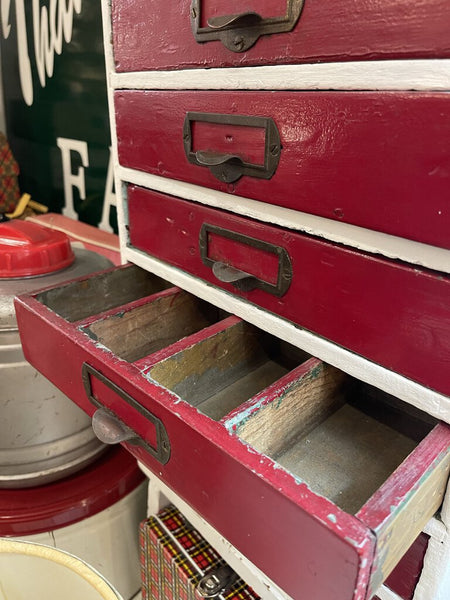 Jens Fresh Vintage ~ Vintage handmade red drawer cabinet .20 inches tall , 13 wide .