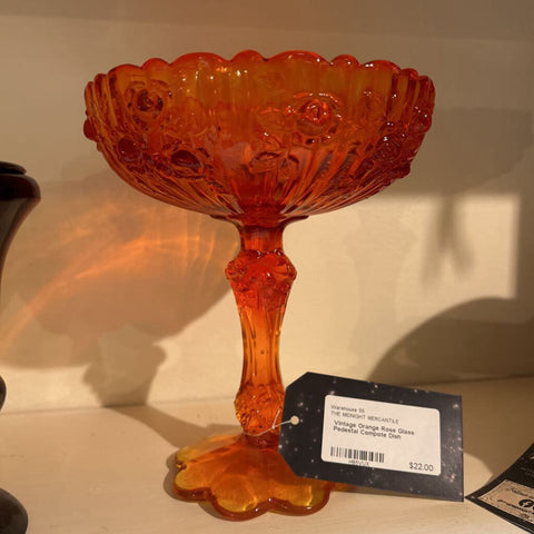 Vintage Orange Rose Glass Pedestal Compote Dish