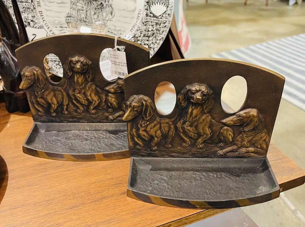 Antique metal/ bronze? DASCHUND pair book ends as is