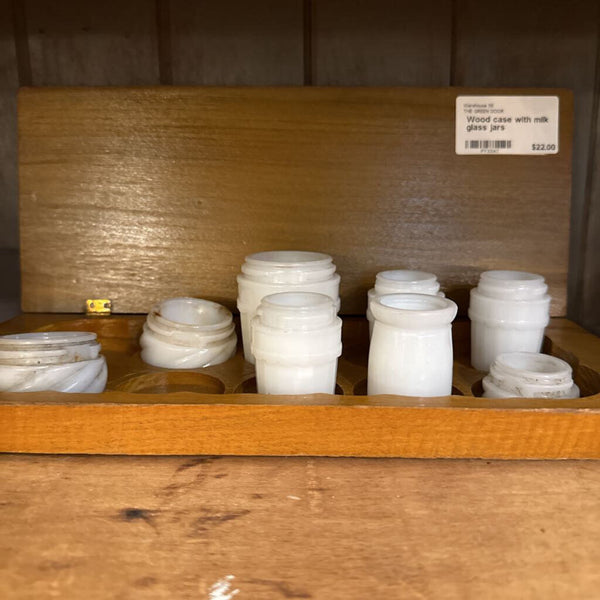 Wood case with milk glass jars