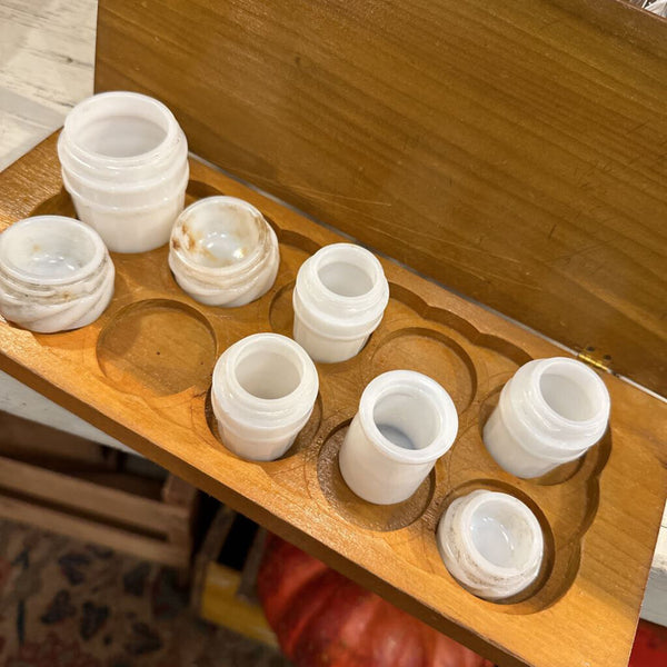 Wood case with milk glass jars