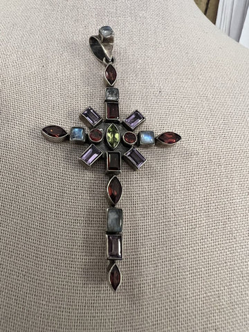 Vintage Sterling Amethyst Garnet Labradorite Peridot Cross