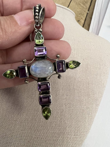 Vintage Sterling Amethyst Moonstone Peridot Cross