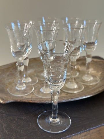 SET OF (8) VINTAGE ETCHED CORDIALS. 3 3/4"H X 1 1/2". IN STORE PICKUP ONLY