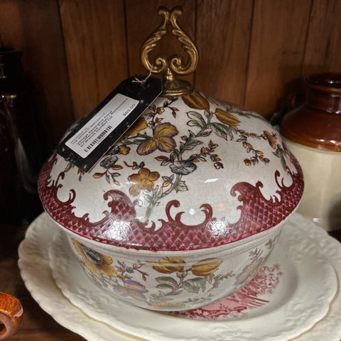 Vintage Decorative Floral Transferware Tureen / Bonbonniere w/ Bronze Handled Lid