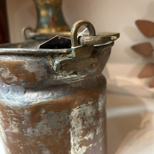 Antique Tall Handmade Copper Cauldron w/ Etched Brass Handle