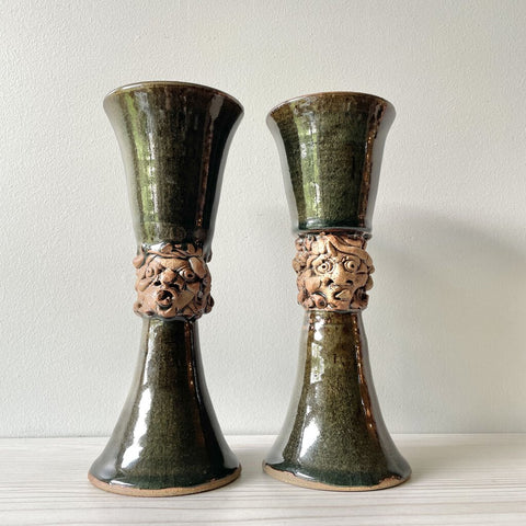 Moxie - Pair 1979 Artisan Made Grotesque Face Goblets - 9.25" Tall