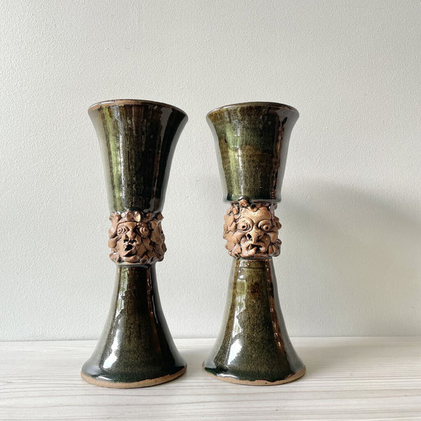 Moxie - Pair 1979 Artisan Made Grotesque Face Goblets - 9.25" Tall