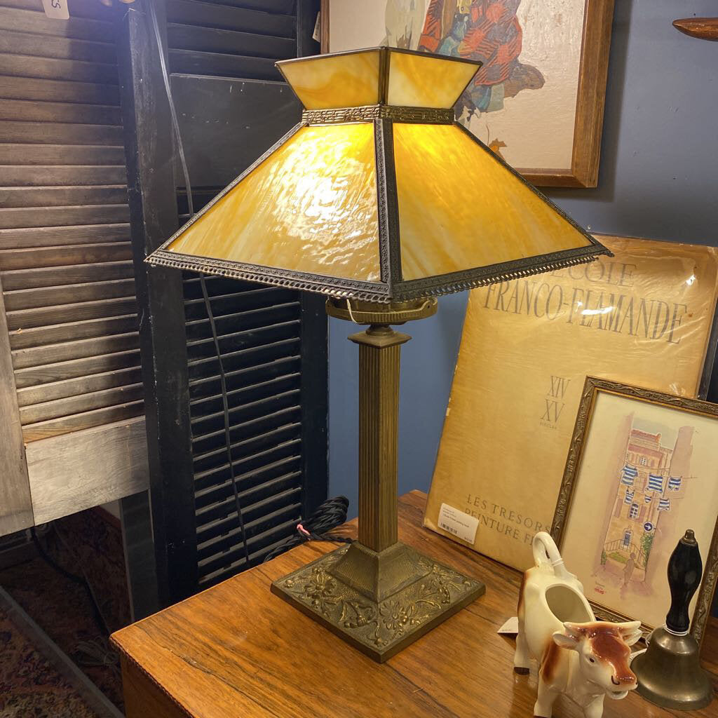 Brass lamp with glass slag shade