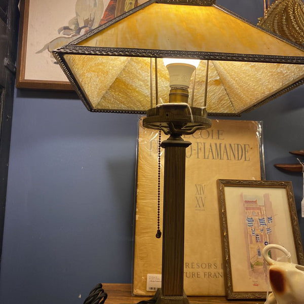 Brass lamp with glass slag shade