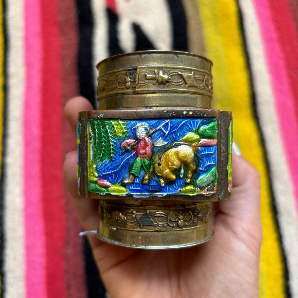 Enamel hai Ted painted lidded Asian brass dish