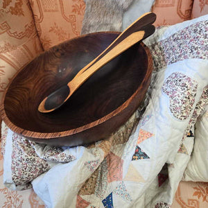 Hand made wood salad bowl with spoon and fork