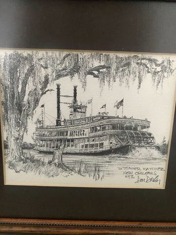 Vintage Don Davies Steamer Natchez New Orleans 1976 Double Matted Artwork 8" x 9"