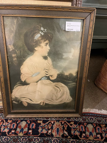 Antique framed print girl with blue bow as is