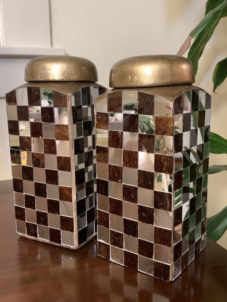 Vintage Checkered Mirror Jar Pair 10in