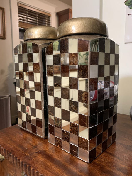 Vintage Checkered Mirror Jar Pair 10in