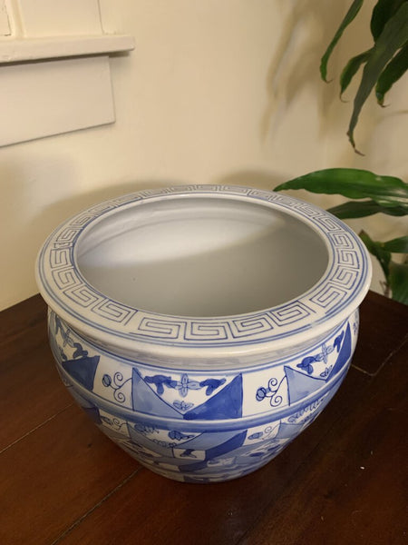 Vintage Blue & White Chinoiserie Fishbowl Planter 9in