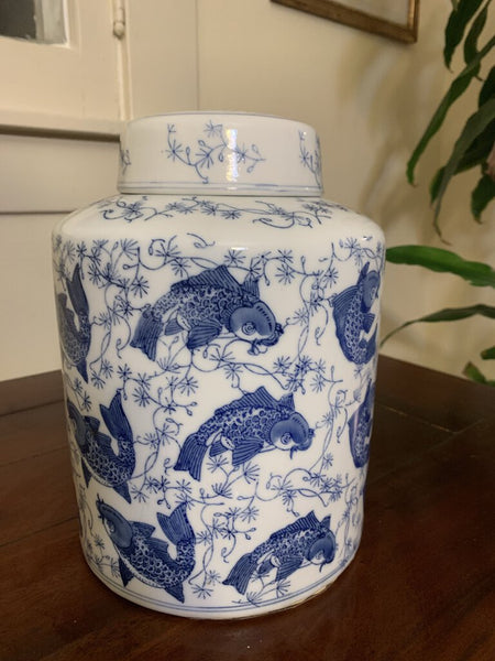 Vintage Blue & White Koi Ginger Jar