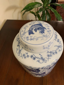 Vintage Blue & White Koi Ginger Jar