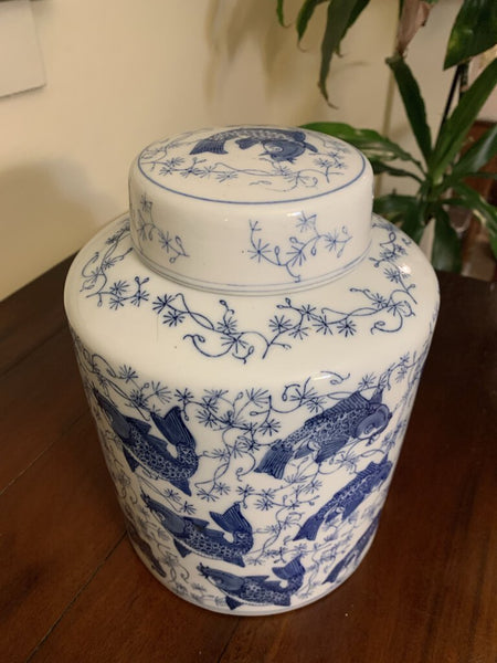 Vintage Blue & White Koi Ginger Jar