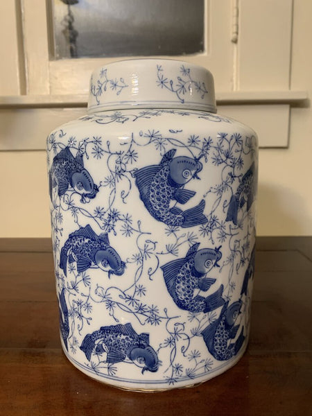 Vintage Blue & White Koi Ginger Jar