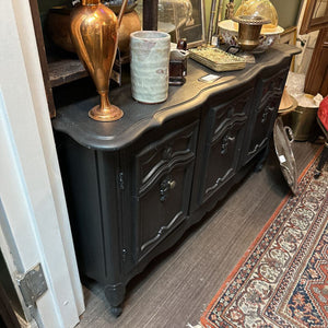 Vintage Server Buffet / TV Cabinet, Low, Painted Matte Black, One Interior Shelf, 2 Cabinet Doors Open (as found)
