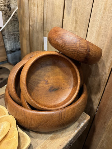 Vintage wood salad bowl with 6 small bowls