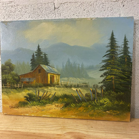 Vintage Oil on Canvas Rustic Barn Scene 12" x 16"